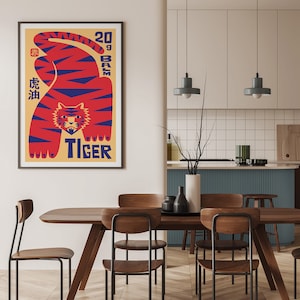 May include: A poster featuring a red and blue tiger illustration. The tiger is crouched with its paws on the ground. The poster has the text "20g Balm" and "Tiger" in blue and the text "虎油" in red.