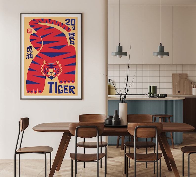 May include: A poster featuring a red and blue tiger illustration. The tiger is crouched with its paws on the ground. The poster has the text "20g Balm" and "Tiger" in blue and the text "虎油" in red.