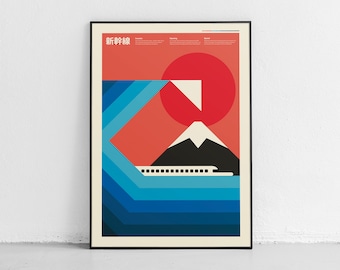 Bullet Train Poster, Modern Poster with Minimalistic Design Inspired by Shinkansen, Japanese Artwork and Midcentury Modern Style
