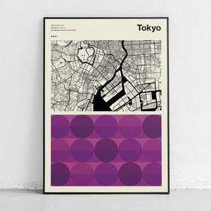 東京地図ポスター、東京の歴史的な魅力を現代の地図デザインで再解釈。ミッドセンチュリーモダンプリントで東京の活気あふれる精神を発見してください。