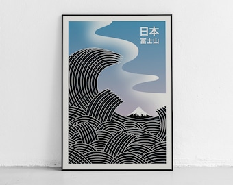 Mount Fuji from the Sea: A modern poster capturing the splendor of Mount Fuji and sea, a Japanese inspired work