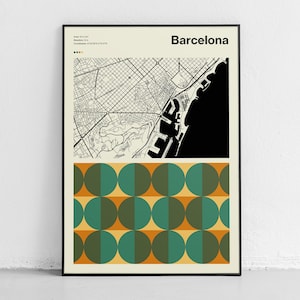 Affiche de carte de Barcelone, carte moderne et minimaliste, plan de la ville moderne du milieu du siècle, impressions de carte, affiche d'impression de carte, illustration de la ville, ville glam