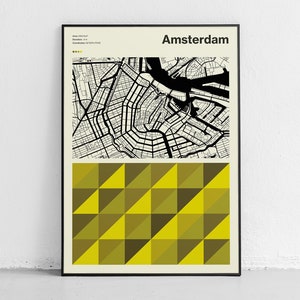 Affiche de carte d'Amsterdam, le charme historique d'Amsterdam réinventé dans une carte moderne, retrouvez l'esprit dynamique d'Amsterdam dans cette impression moderne Mid-Century