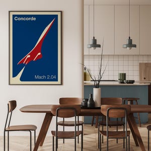 May include: A vintage-style poster featuring a red and white Concorde supersonic jet against a blue background. The poster reads "Concorde" and "Mach 2.04".