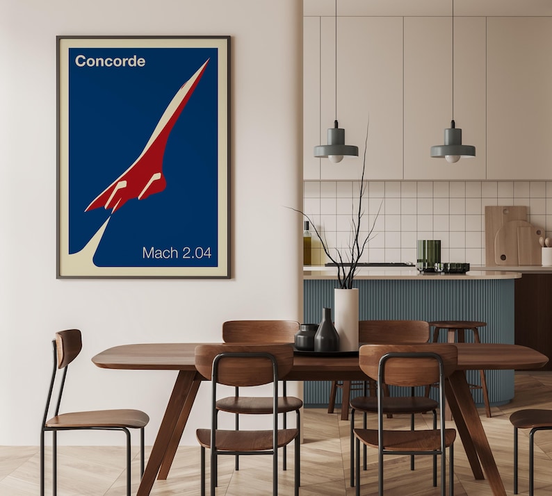 May include: A vintage-style poster featuring a red and white Concorde supersonic jet against a blue background. The poster reads "Concorde" and "Mach 2.04".