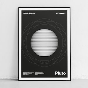 Może przedstawiać: Czarno-biały plakat z tekstem "Układ Słoneczny" i "Pluton" u góry i na dole. Plakat przedstawia stylizowaną grafikę Plutona z białym paskowanym wzorem na czarnym tle.