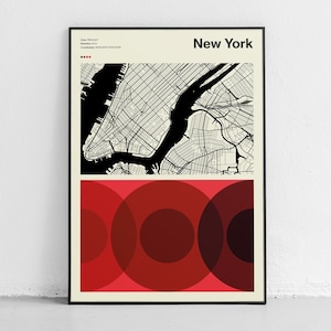New York Map Poster, New York in modernem Kartendesign neu gestaltet, entdecken Sie den lebendigen New Yorker Geist in diesem modernen Druck der Mitte des Jahrhunderts