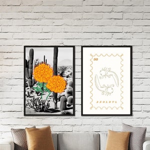 Mexico Art Poster Mexico Wall Art Mexico Travel Poster Retro Mexico Prints Cactus Poster Mexico Desert Axolotl Cempasuchil Set of 2