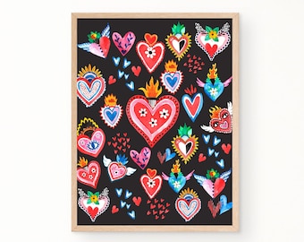 Mexican Sacred Heart Art Sacred Heart Print Milagro Art Milagro Heart Colorful Heart Art Mexican Flaming Heart Art Latina Art Mexican Tin