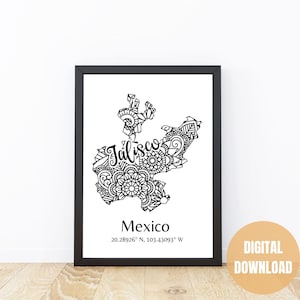 Mapa del estado de Jalisco impresión de arte Jalisco mapa de arte de pared de Jalisco México Jalisco mapa impresión Jalisco regalo de viaje México imprime arte Jalisco Cartel