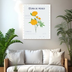 Cempasuchil México Cartel de viaje Marigold Flor Marigold Impresión Flora y Fauna Sello Cartel Marigold Arte Viaje Cartel Descarga Digital