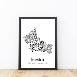 Carte de San Luis Potosi Art de San Luis Potosi carte de l'état du Mexique carte du Mexique impression fierté mexicaine art mural latino-américain carte de l'état au Mexique carte du Mexique cadeau