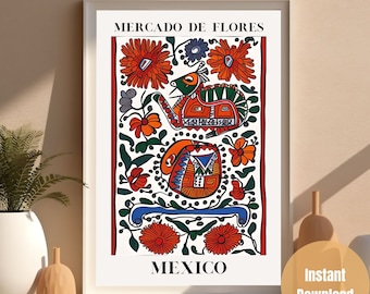 Flower Folk Art Print Aztec Art Print Mexican Folk Art Poster Flower Market Print Mexico Floral Abstract Poster Folk Art Printable Floral