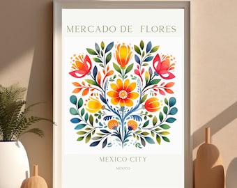 Floral Folk Art Mexico City Art Flower Market Wall Art Mexico City Floral Market Poster Flower Market Wall Art Mexican Folk Art print latinx