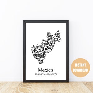 Mapa de Querétaro Querétaro México Mapa Querétaro Arte de la pared Mapa de coordenadas Querétaro Arte Impresión Estado De Querétaro México Mapa del Estado Mapa de México