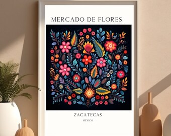 Zacatecas Mexico Travel Poster Flower Market Download Flower Market Wall Art Flower Market Poster Colorful Travel Poster Floral Folk Art