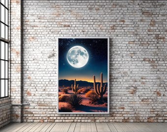 Cactus Desert Art Print Moon Desert Cactus Wall Art Print Mexican Wall Art Print Desert Landscape Art Poster Mexico Art Print Digital Mexico