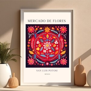 San Luis Potosi Mexico Travel Poster Flower Market Wall Art Floral Folk Art Flower Market Mexico Poster Flower Market Poster Latinx Art