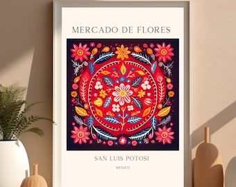 San Luis Potosi Mexico Travel Poster Flower Market Wall Art Floral Folk Art Flower Market Mexico Poster Flower Market Poster Latinx Art