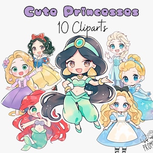 Schattige aquarel prinsessen clipartbundel | Png-pakket Chibi-prinsessen