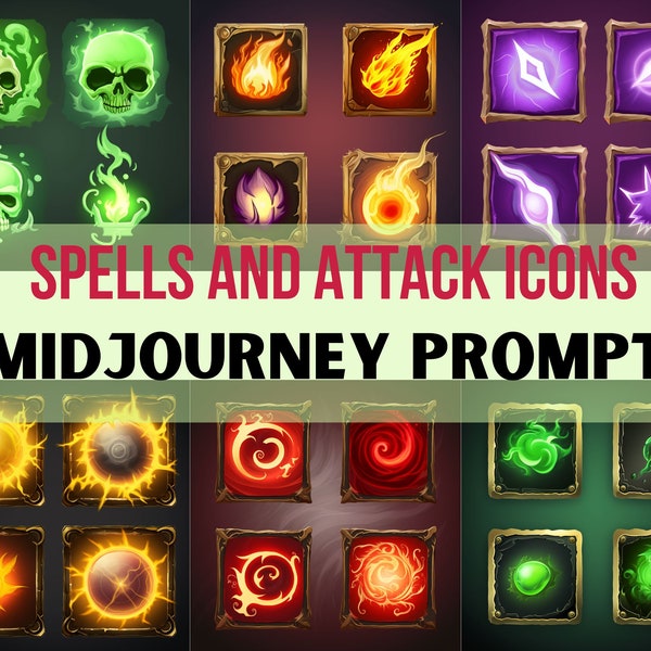 Midjourney Prompts for Spell Icons, game assets, mmorpg spell and attack Icons, video game ai art