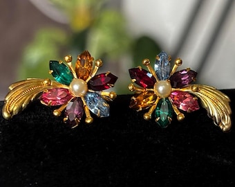 Vintage AMCO Jeweled Flower Screwback Earrings 12k Gold Filled