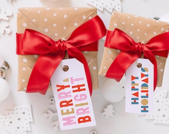 Etichette di Natale colorate e audaci, etichette retrò per regali di Natale, pacchetto di etichette di Natale, etichetta regalo di Natale, divertenti etichette con nome di Natale