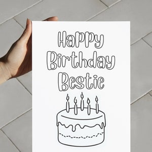 Afdrukbare kleurplaat met citaat 'Happy Birthday Bestie', speciale verjaardagscadeau vriend, kleurplaatkaart voor vriend, verjaardag vriend
