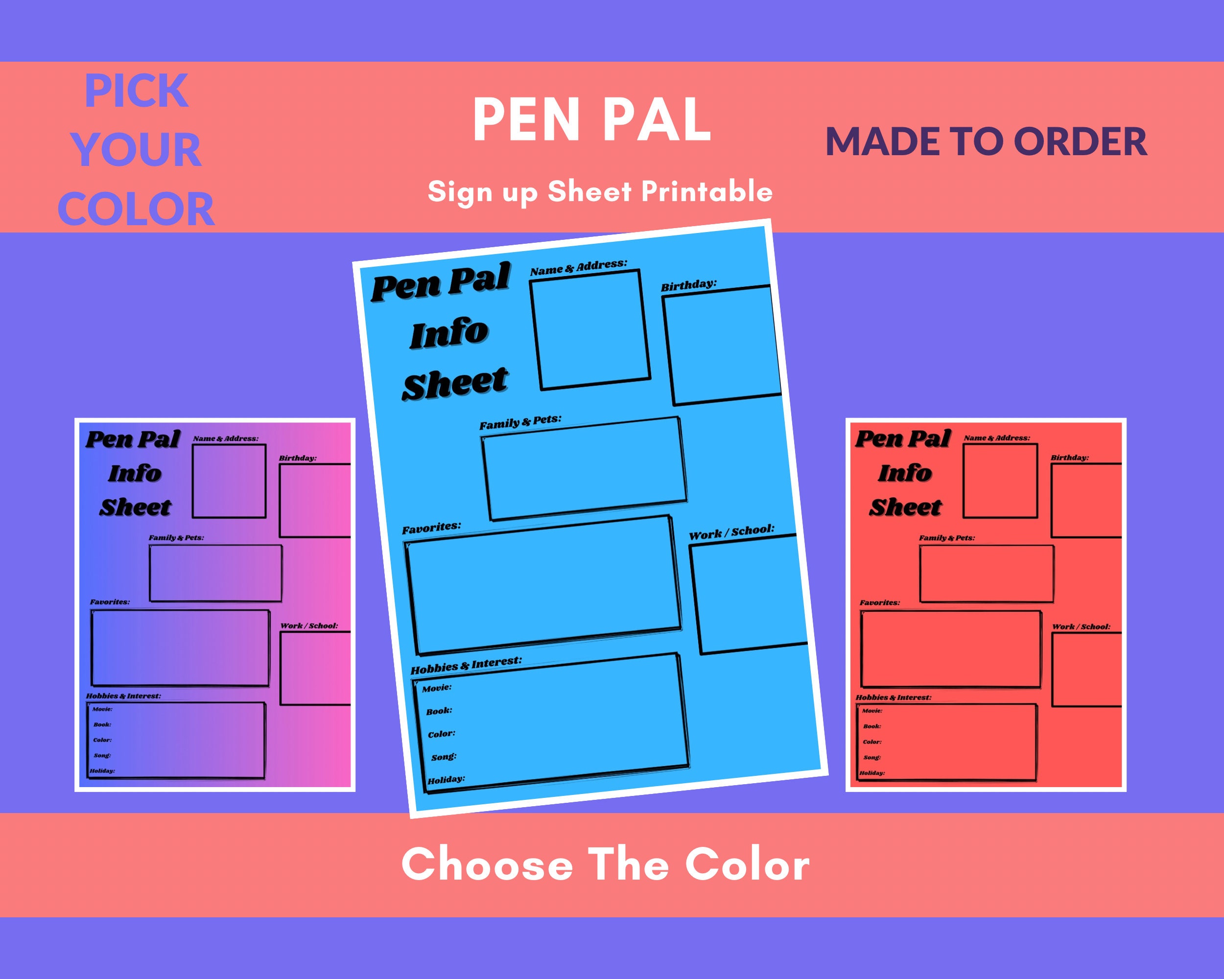 Sample Pal Form Custom Pen Pal Information Sheet: Personalized Printable Form (digital ...