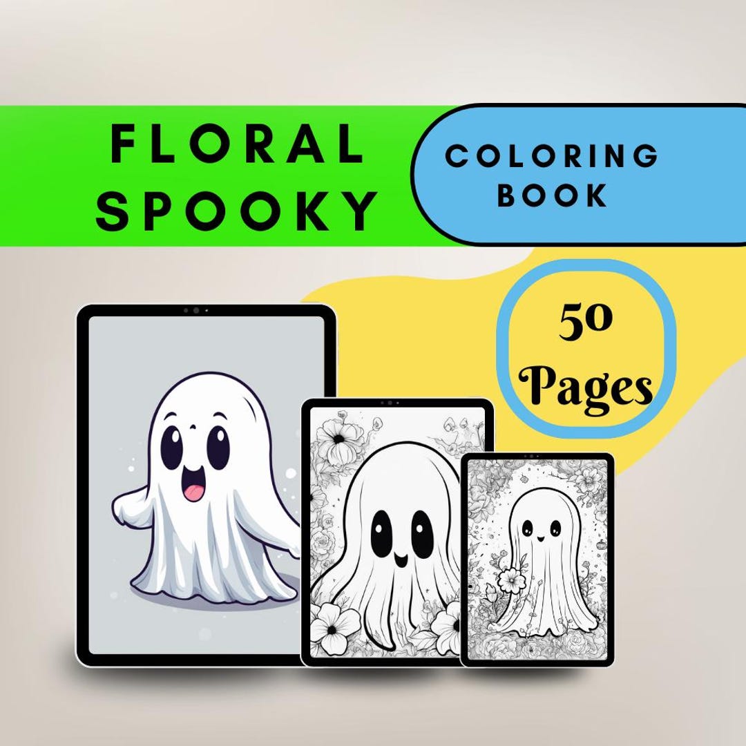 50 Floral Spooky Ghost Coloring Pages Kids and Adult Coloring Book, Grayscale Coloring Page ...