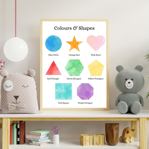 Watercolour Shapes Poster for Kids, Educational Printable Art, Home School Learning Aid, Children's Room Decor