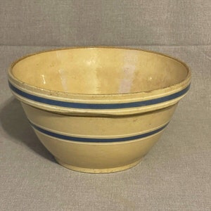 Antique Watt Yellow Ware Stoneware Lg Mixing Bowl Ovenware USA Blue White Stripe