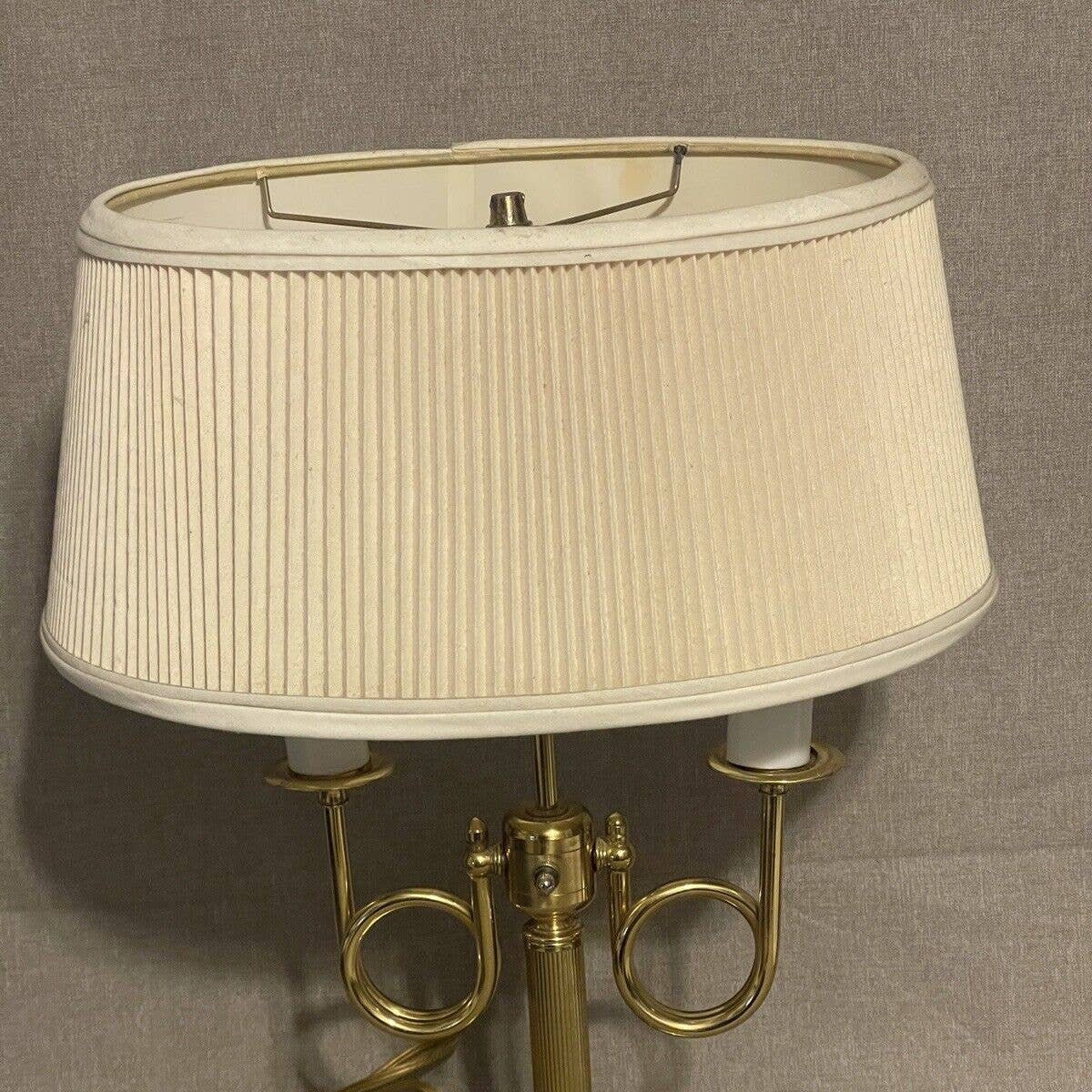 VTG Brass 2 Lights Trumpet French Horn Bouillotte Table Lamp Metal Shade  25.5''H