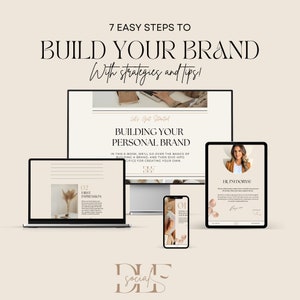 May include: A digital marketing guide with the title "Building Your Personal Brand" and the text "Let's Get Started" on a laptop screen. The guide is divided into seven steps and includes a photo of a woman with the text "Hi I'm Dorys!" on a tablet screen. The guide is part of a digital marketing course called "Die Social".