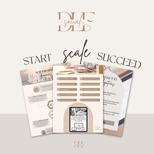 May include: A three-part guide to starting, scaling, and succeeding in a business. The guide is divided into three sections: "Start", "Scale", and "Succeed". Each section has a list of steps to take, with the "Scale" section featuring a tablet displaying the words "Your Ultimate Guide to Business Success".