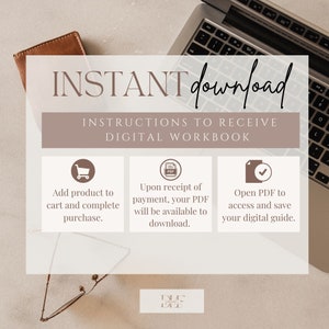 May include: A digital download guide with instructions on how to receive a digital workbook. The guide has three steps: add the product to the cart, complete the purchase, and download the PDF.