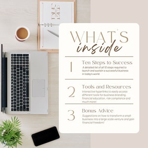 May include: A beige and brown graphic with the text "WHAT'S inside" in a decorative font. The graphic lists three key elements of a business guide: Ten Steps to Success, Tools and Resources, and Bonus Advice.