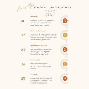May include: A list of five tips for new business owners, with each tip illustrated by a simple icon. The tips are: Diversify, Do Your Research, Solid Financial Plan, Connection, and Realistic.
