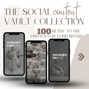 Puede incluir: Tres pantallas de teléfonos inteligentes que muestran una colección de 100 imágenes listas para usar para las redes sociales. Las pantallas muestran una variedad de imágenes y texto, incluyendo "demasiado invertido para dejarlo hoy" y "convertir la pasión en ganancias".