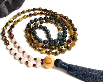 Tiger's Eye Japa Mala: Rose Quartz, Lava Stone Prayer Necklace