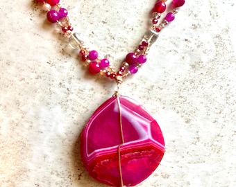 Magenta Agate Stone Pendant Necklace: Natural Gemstone Jewelry