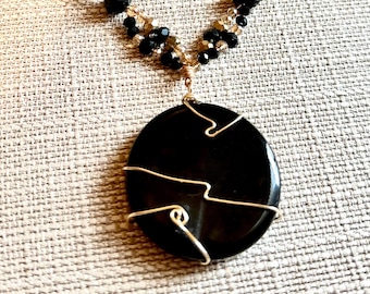 Black Onyx Pendulum Necklace: Czech Crystal Elegant Spiritual Jewelry