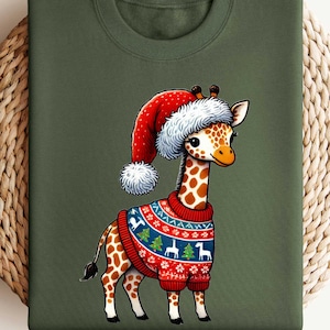 Christmas Giraffe Sweatshirt, Happy Holiday Tee, Festive Lights Reindeer Hat Santa Gift Shirt, Gift for Women, Giraffe Shirt, Xmas Sweater