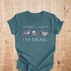 May include: Teal blue t-shirt with a graphic of three possums and the text "SORRY. CAN'T. I'M DEAD."
