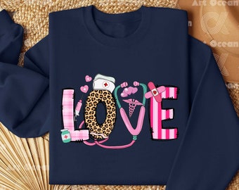 Love Nurse Valentine's Day Shirt, Nurse Stethoscope Shirt, Nursing Shirt, Nurse Assistant Shirt, Leopard Valentine Shirt, Nurse Gift