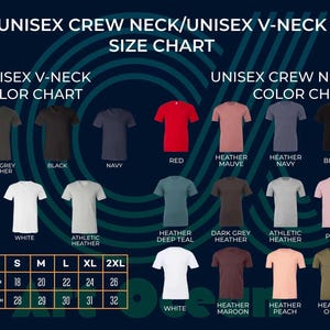 The image is a size chart for crew neck and v-neck t-shirts, displaying various color options and corresponding sizes.