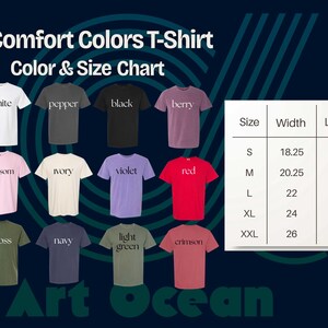 The image is a color and size chart for a comfort t-shirt, displaying various t-shirt designs in different colors and sizes.