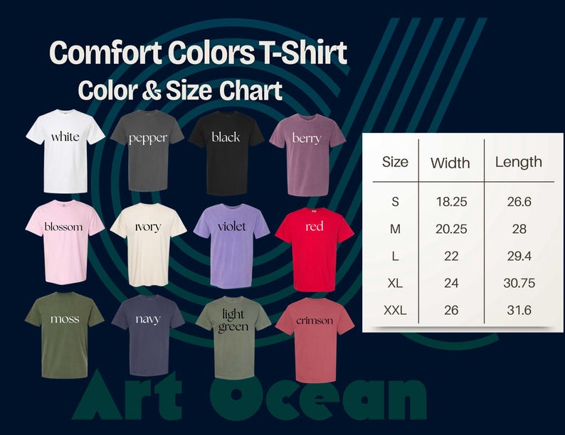 The image is a color and size chart for a comfort t-shirt, displaying various t-shirt designs in different colors and sizes.