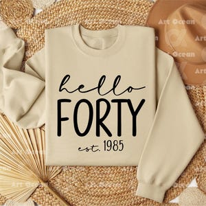 a sweater that says, hello forty est 1965