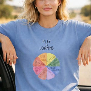 A woman wearing a blue t-shirt with a colorful wheel graphic and the text "PLAY IS LEARNING" printed on it.